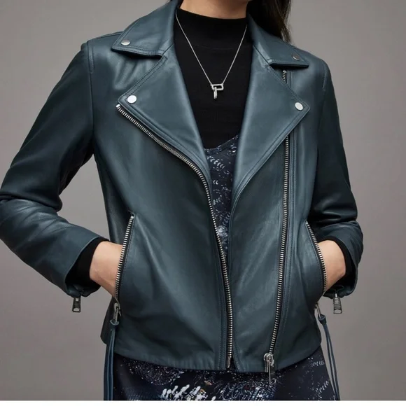 Allsaints Dalby Leather Biker Jacket Deep Denim Womens Size